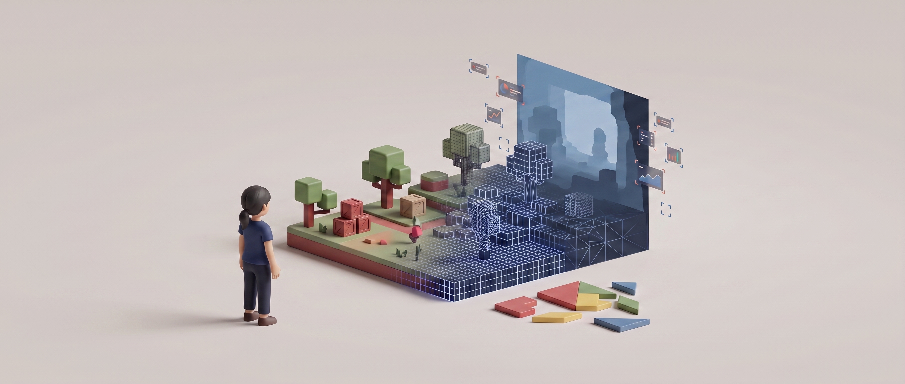A toy game world dissolving into its simulation view — wireframe, depth and telemetry